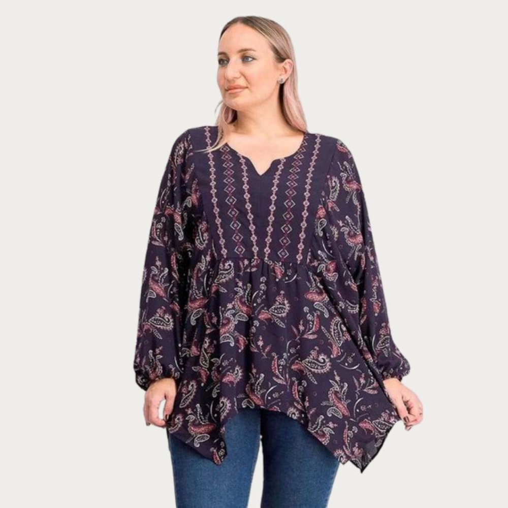 Style & Co. Womens Plus Paisley Grape V-Neck Long Sleeve Blouse Size 1X
